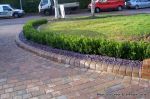 Driveway constructed using Marshall's Tegula paving with contrasting colour band and feature curved double row of kerbs with Topiary hedge to retain level change.